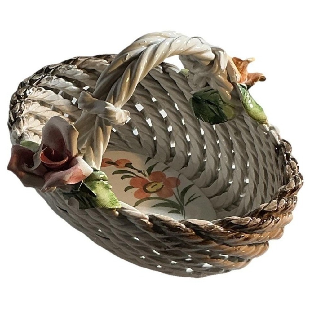 Capodimonte Italy Porcelain Lattice Basket Hand Painted Flowers Crown N Mark